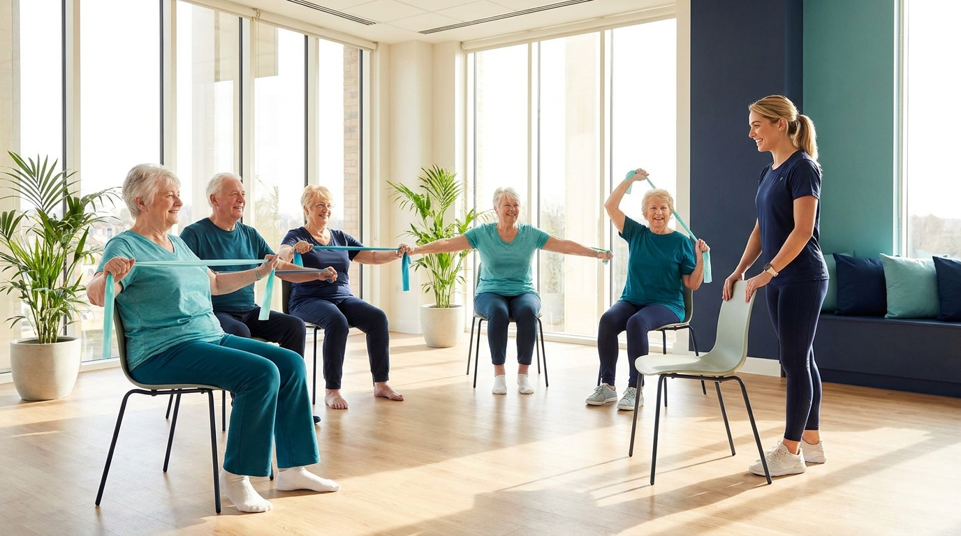 Seniors doing gentle guided exercise with an instructor at a wellness center in West Palm Beach