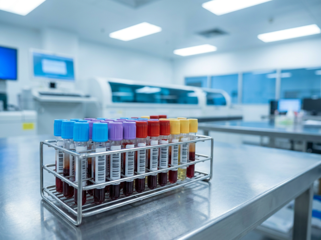 Rack of labeled blood sample tubes ready for lab testing in a modern West Palm Beach laboratory