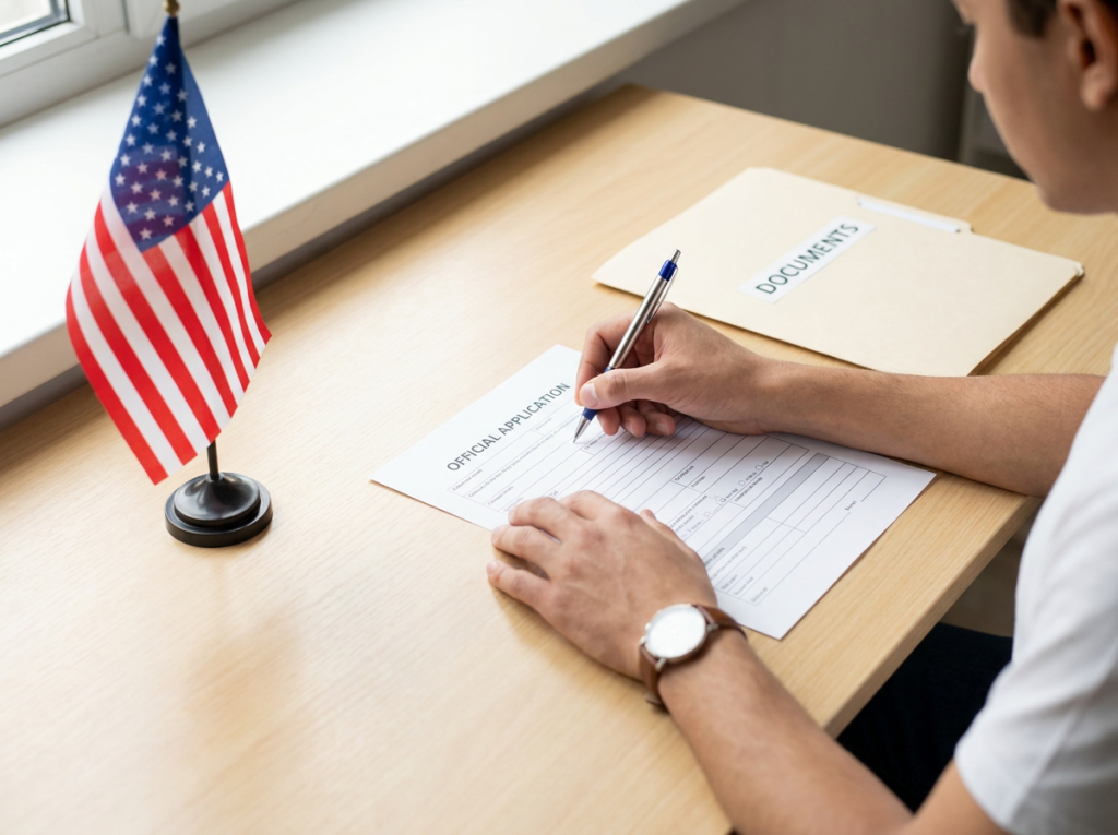 Filling out a U.S. citizenship application form with an American flag on the desk
