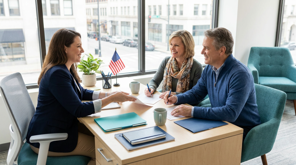 Case worker helping an immigrant couple with U.S. citizenship application paperwork in West Palm Beach