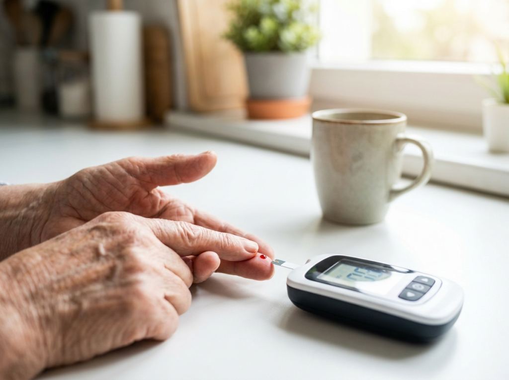 Senior checking blood sugar with a glucose meter at home