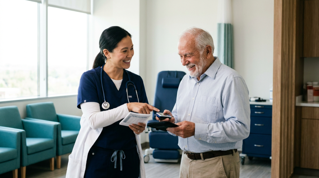 Doctor reviewing blood sugar results with a senior diabetic patient in West Palm Beach