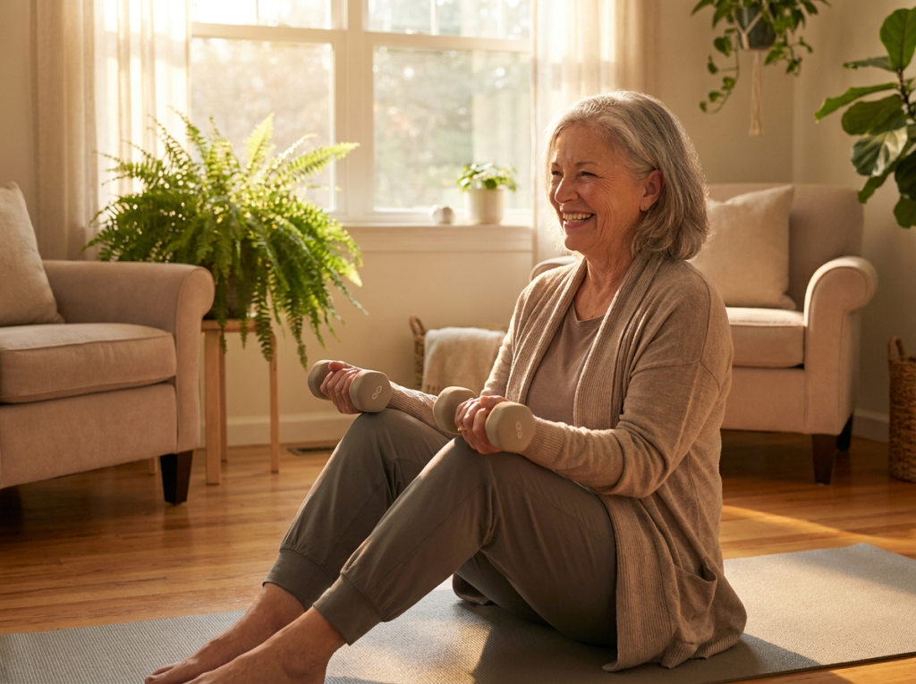 Senior woman doing gentle home exercise with light dumbbells