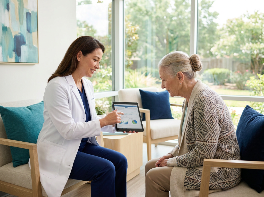 Doctor reviewing laboratory test results on a tablet with a senior patient