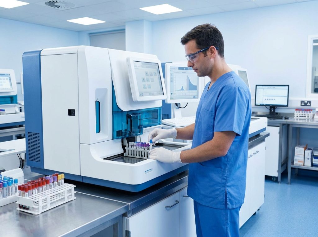 Laboratory technician operating a blood analyzer machine in a modern West Palm Beach lab