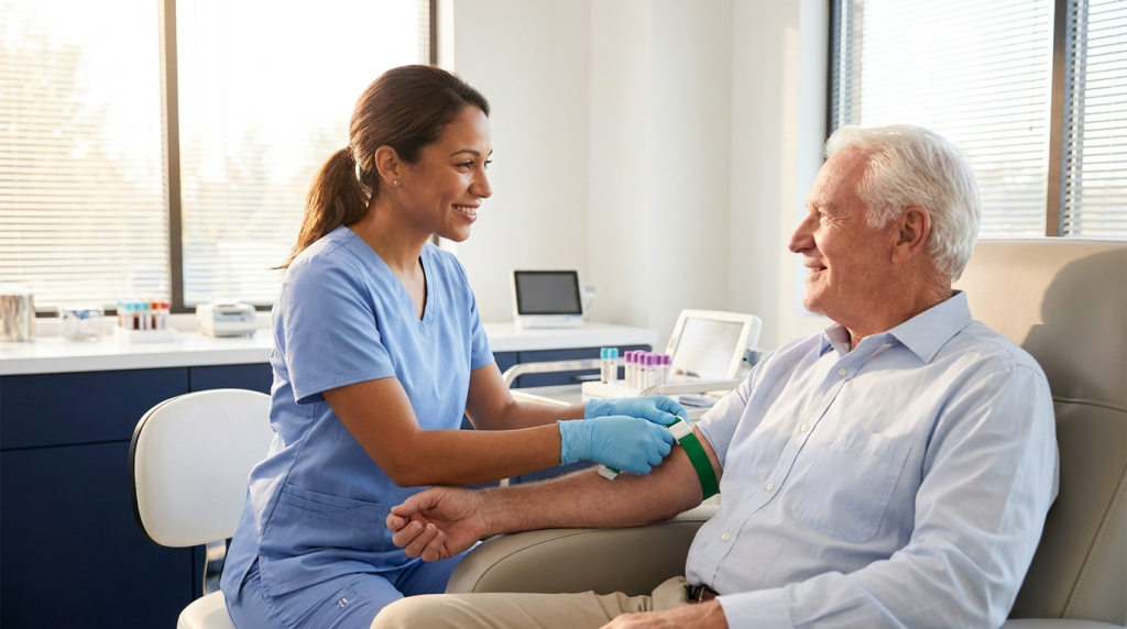 Phlebotomist drawing a blood sample from a smiling senior patient at a West Palm Beach medical laboratory