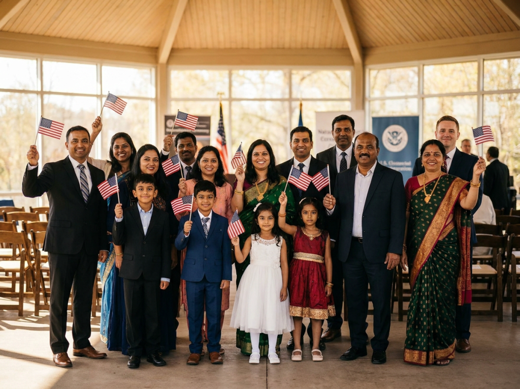 New U.S. citizens celebrating with American flags at a naturalization ceremony