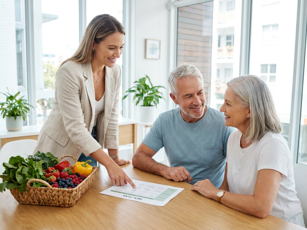 Wellness coach showing a healthy eating plan to a senior couple in West Palm Beach