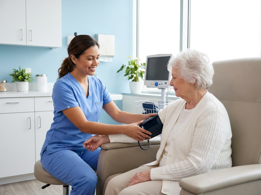 Nurse checking a senior womans blood pressure during a preventive wellness visit