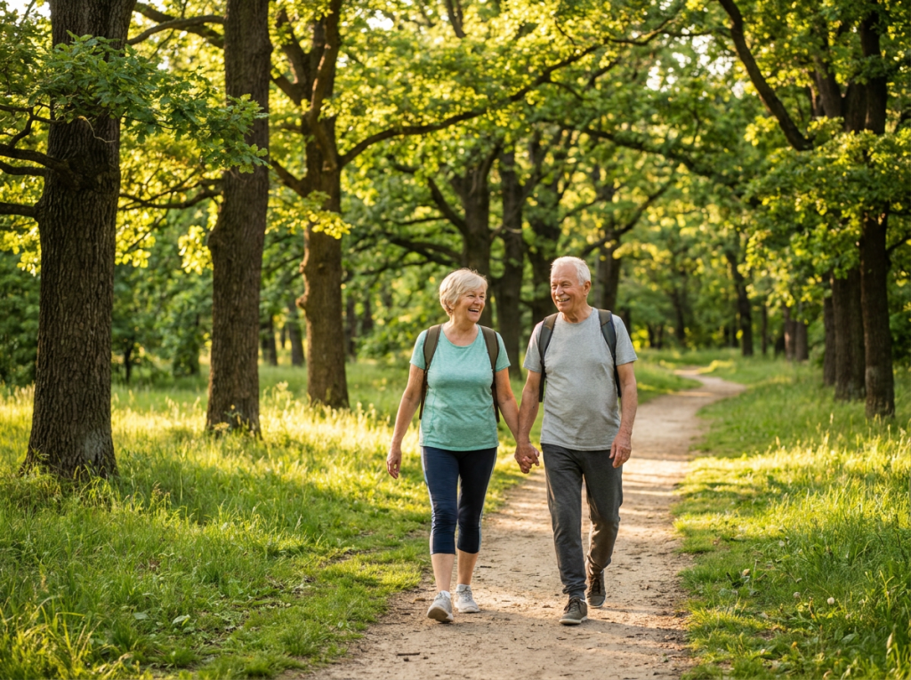 Senior couple walking outdoors for healthy active living in West Palm Beach