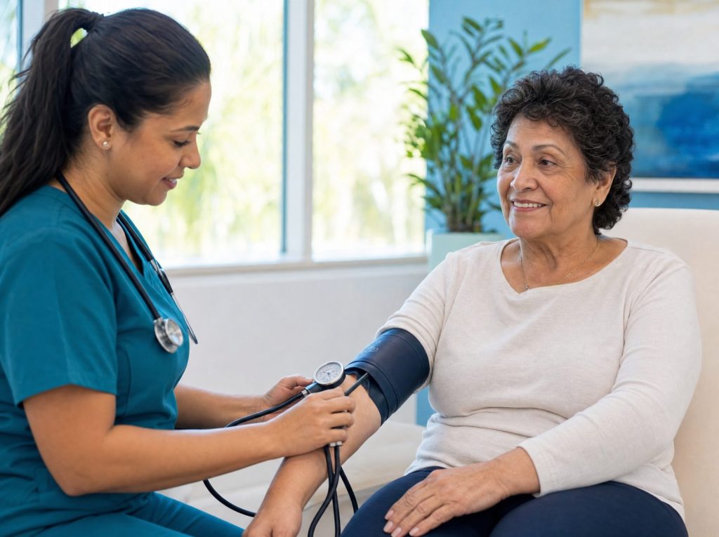 Nurse checking a senior patient's blood pressure during a Medicare Annual Wellness Visit in West Palm Beach