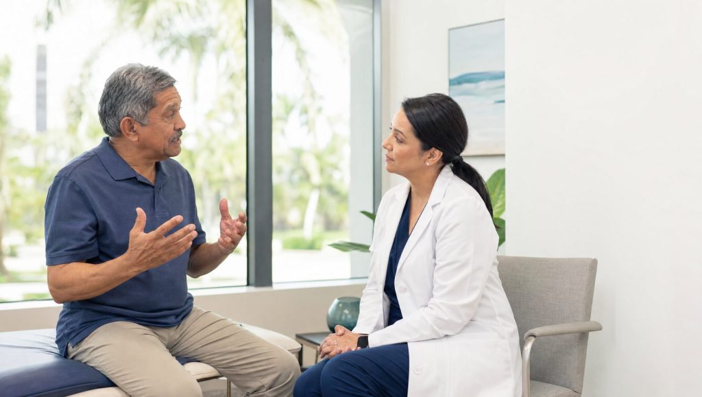 Senior patient speaking comfortably with a bilingual Spanish-speaking doctor in West Palm Beach