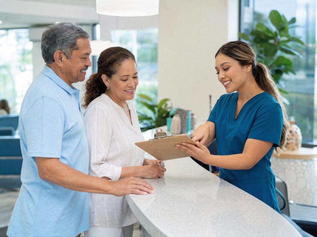 Bilingual receptionist helping a senior couple check in at a West Palm Beach medical center