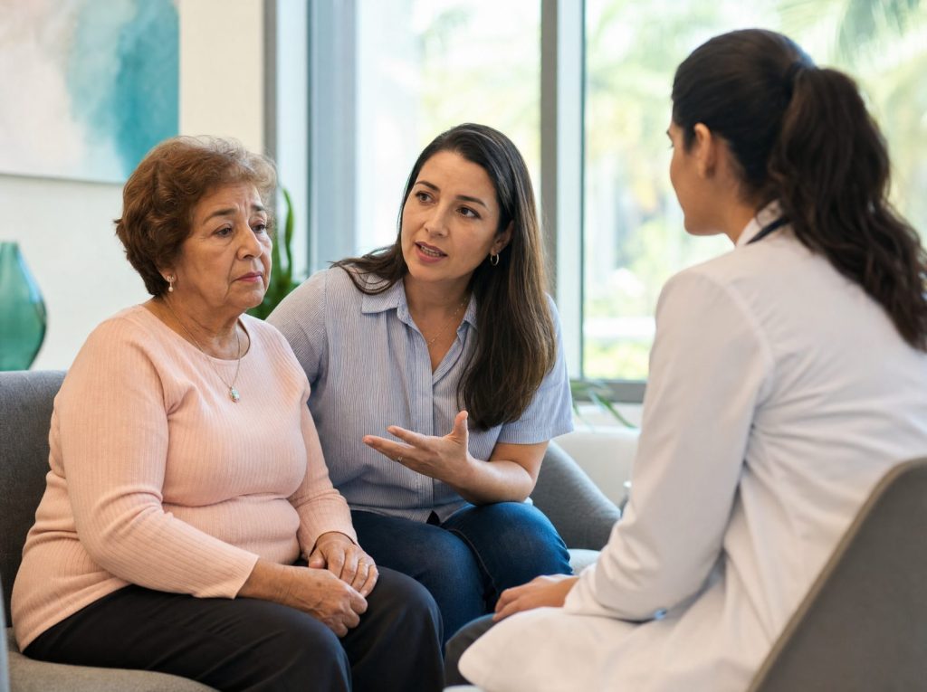 Adult daughter translating for her mother during a medical appointment, showing why bilingual doctors matter