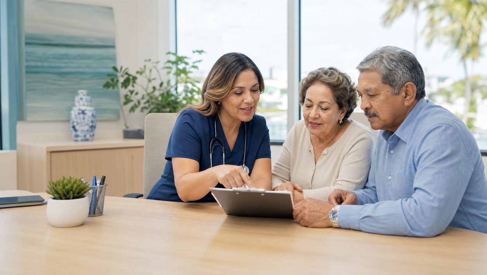 Doctor reviewing a printed care plan with a senior couple during a Medicare Annual Wellness Visit in West Palm Beach