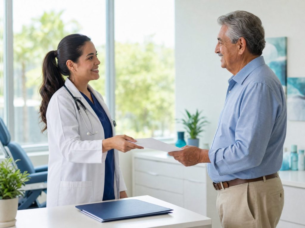 Doctor handing a senior patient a printed personalized prevention plan after a Medicare Annual Wellness Visit