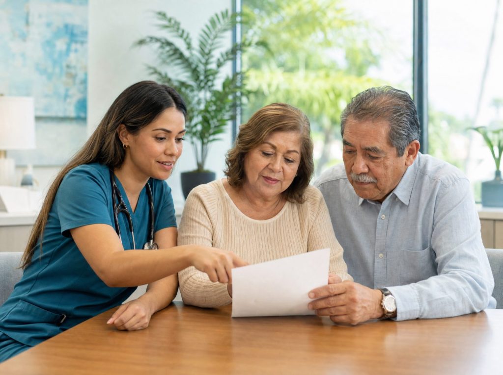Spanish-speaking doctor explaining written care instructions to a senior couple in West Palm Beach