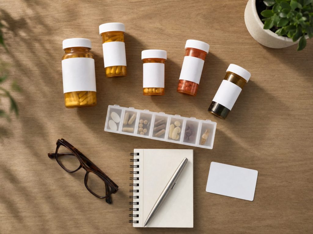 Medications, reading glasses, notepad and insurance card laid out to bring to a Medicare Annual Wellness Visit