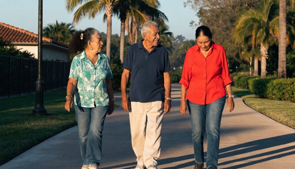 Active Hispanic seniors walking outdoors on a palm-lined path in South Florida
