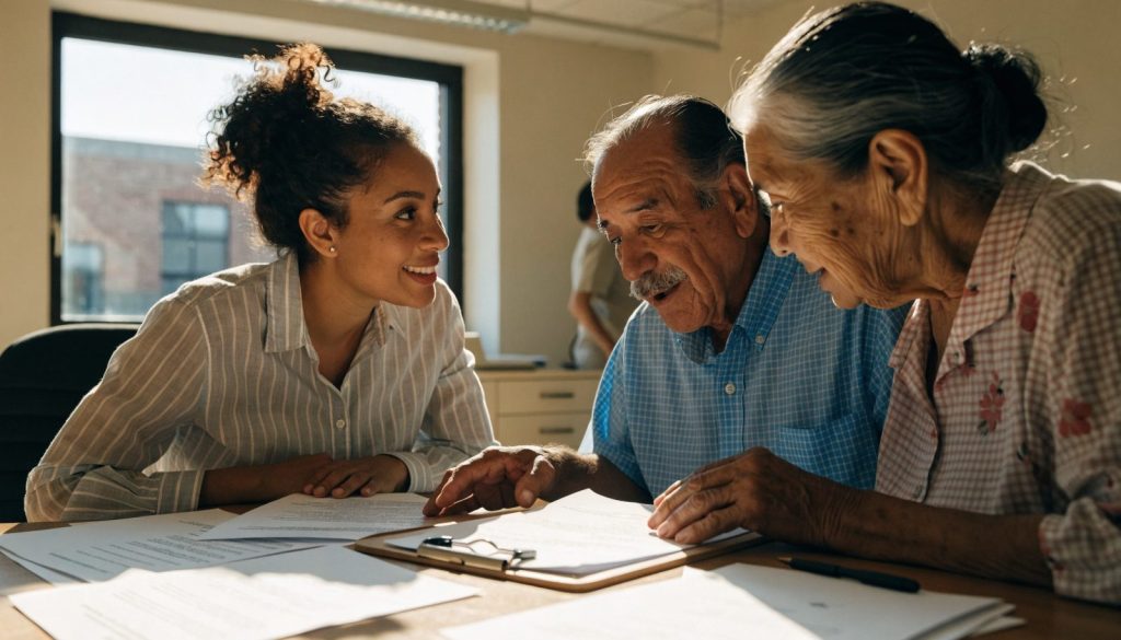 Consejero de SHINE revisando documentos de Medicare con una pareja de adultos mayores hispanos