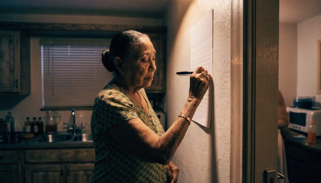 Señora hispana marcando la fecha límite de Medicare en su calendario en West Palm Beach