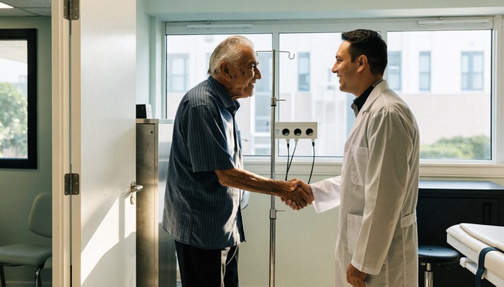 Senior Hispanic patient greeting his primary care doctor at a West Palm Beach clinic