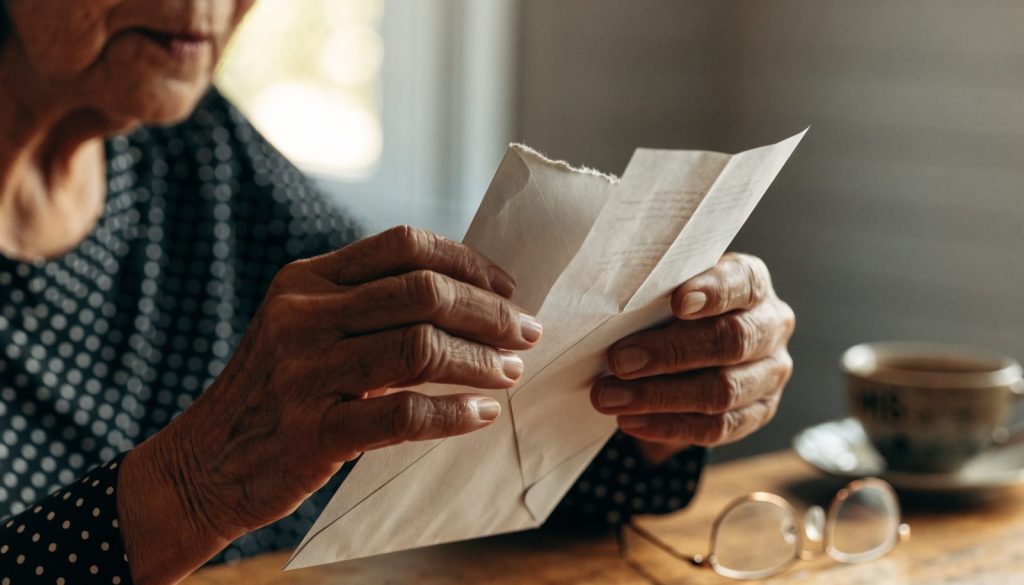 Older Latina woman opening her Medicare Annual Notice of Change letter at home