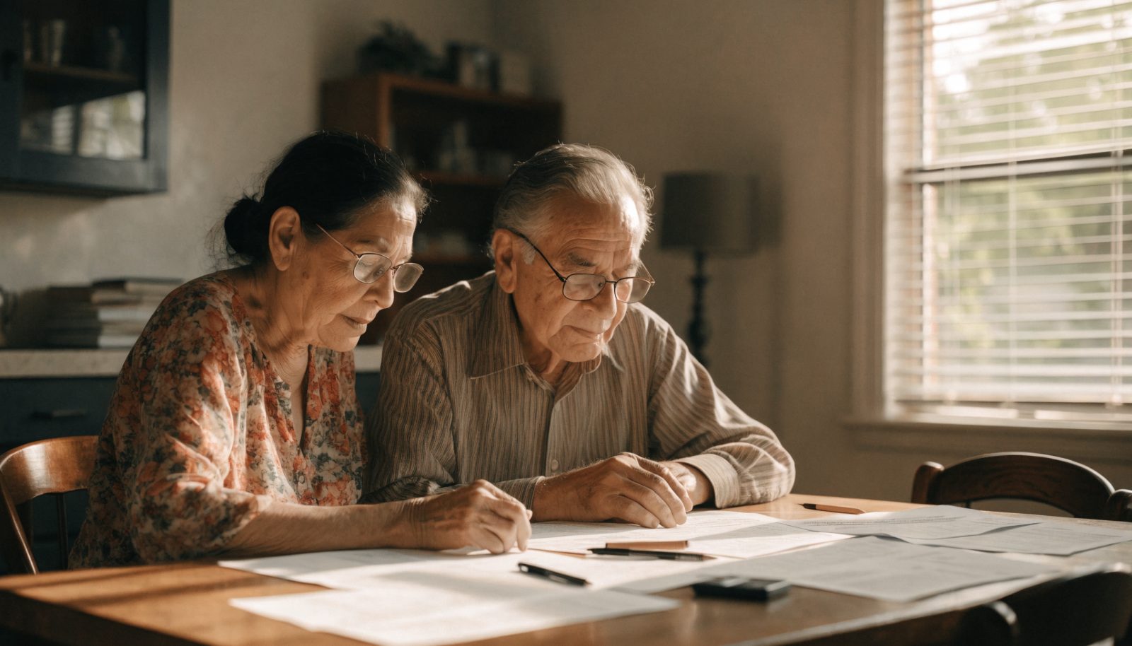 Senior Hispanic couple reviewing Medicare plan paperwork at their kitchen table in West Palm Beach