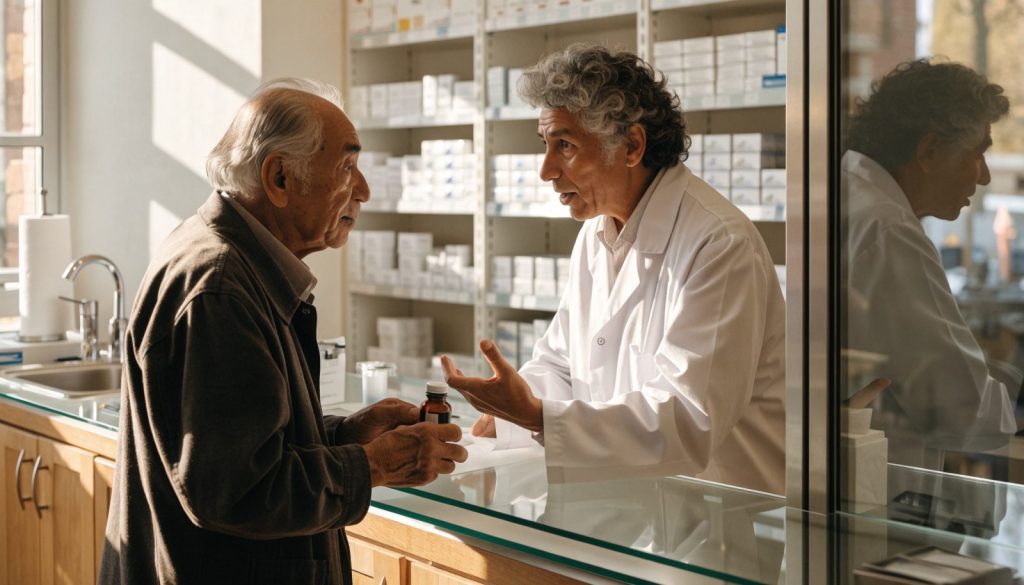 Senior Latino man reviewing his prescriptions with a pharmacist in West Palm Beach
