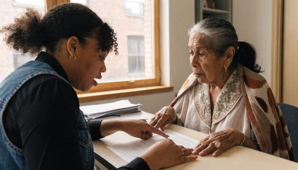 Care coordinator reviewing a care plan with an elderly Hispanic patient in West Palm Beach