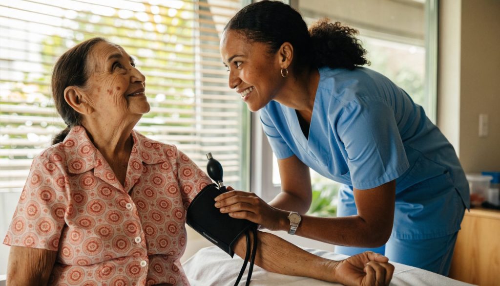 Nurse checking the blood pressure of a senior Hispanic woman at a West Palm Beach clinic