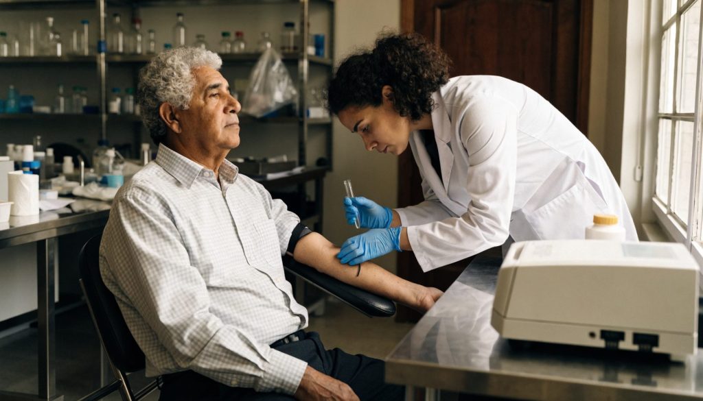 Older Latino man having routine lab work drawn at a West Palm Beach clinic