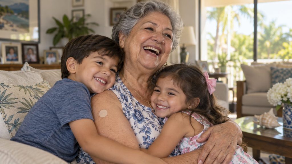 Abuela hispana con una curita en el brazo después de vacunarse, abrazando a sus nietos en su casa de West Palm Beach