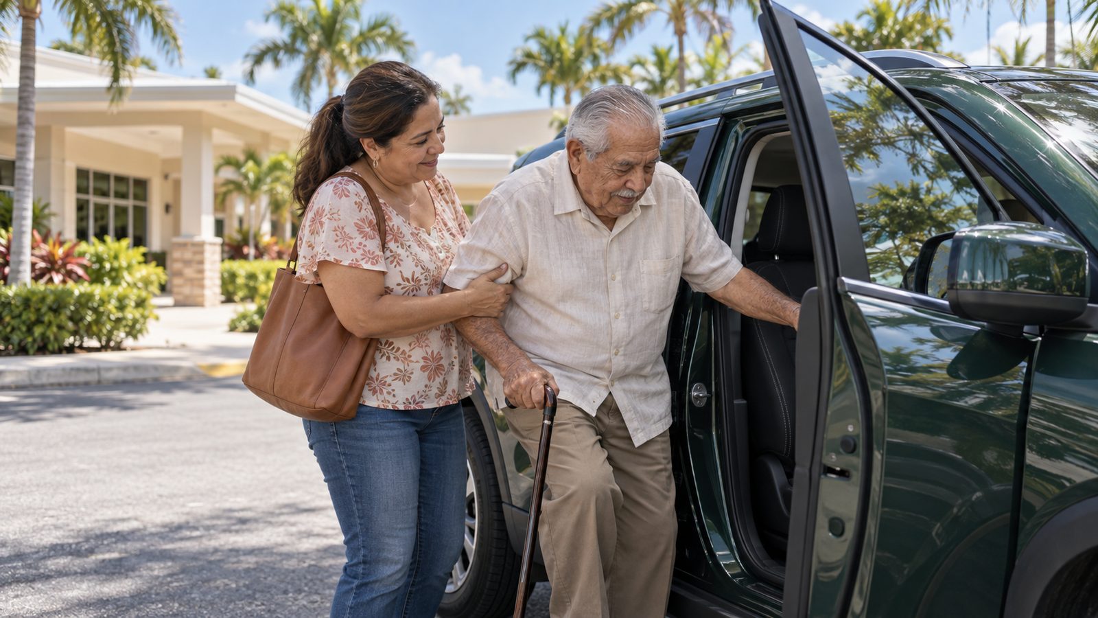 Adult daughter helping her senior Hispanic father with a cane into a car for a doctor appointment in West Palm Beach