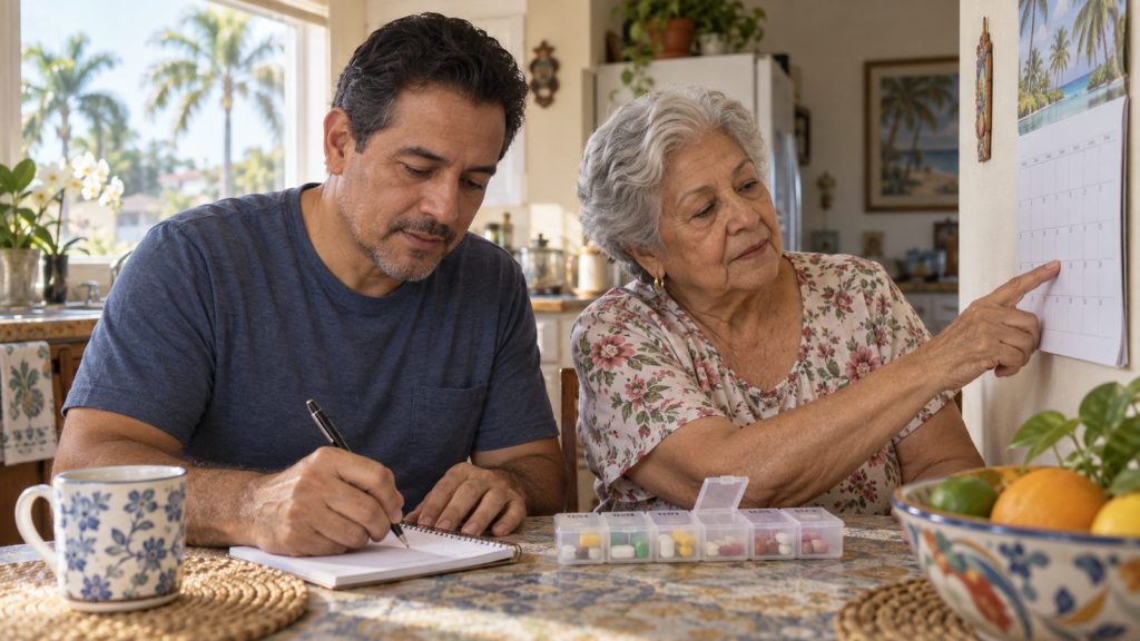 Adult son and his senior Hispanic mother planning her medical appointments with a calendar and pill organizer in West Palm Beach