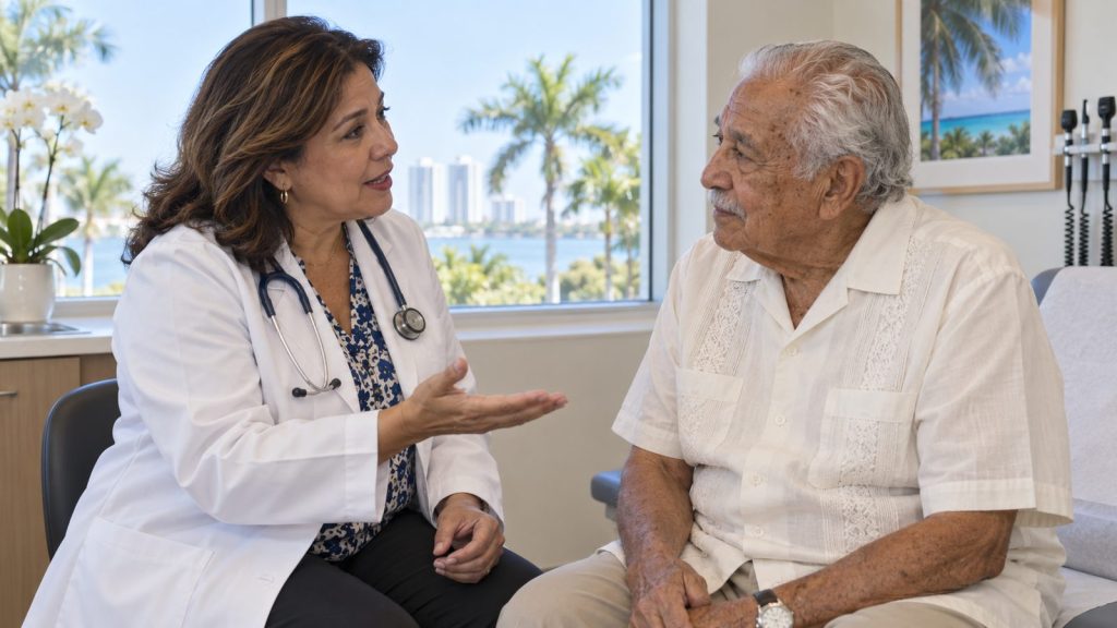 Doctora hispana explicando las vacunas de otoño a un paciente mayor en una clínica de West Palm Beach