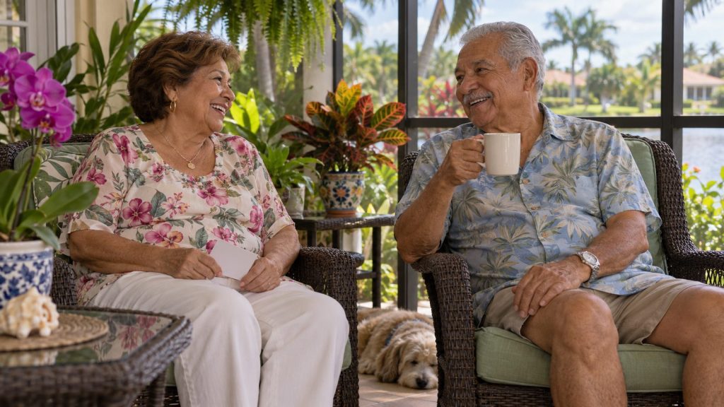 Pareja de adultos mayores hispanos conversando en el portal de su casa en West Palm Beach durante la temporada de vacunas