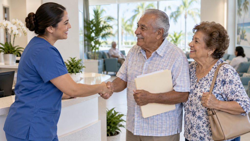 Clinic staff greeting a senior Hispanic couple at the reception desk of a West Palm Beach primary care clinic