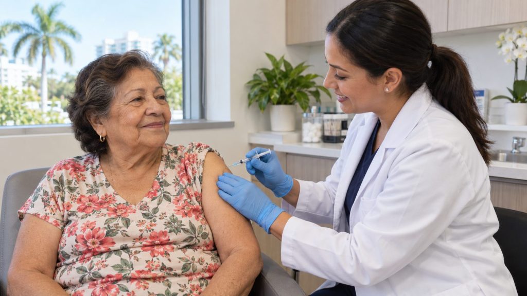 Adulta mayor hispana recibiendo la vacuna contra la gripe en la farmacia de una clínica en West Palm Beach