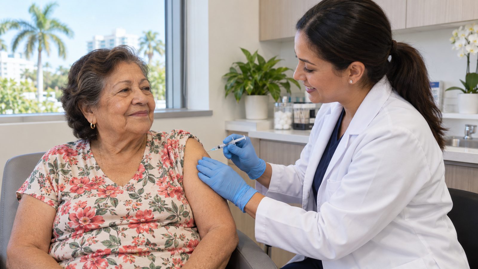 Adulta mayor hispana recibiendo la vacuna contra la gripe en la farmacia de una clínica en West Palm Beach