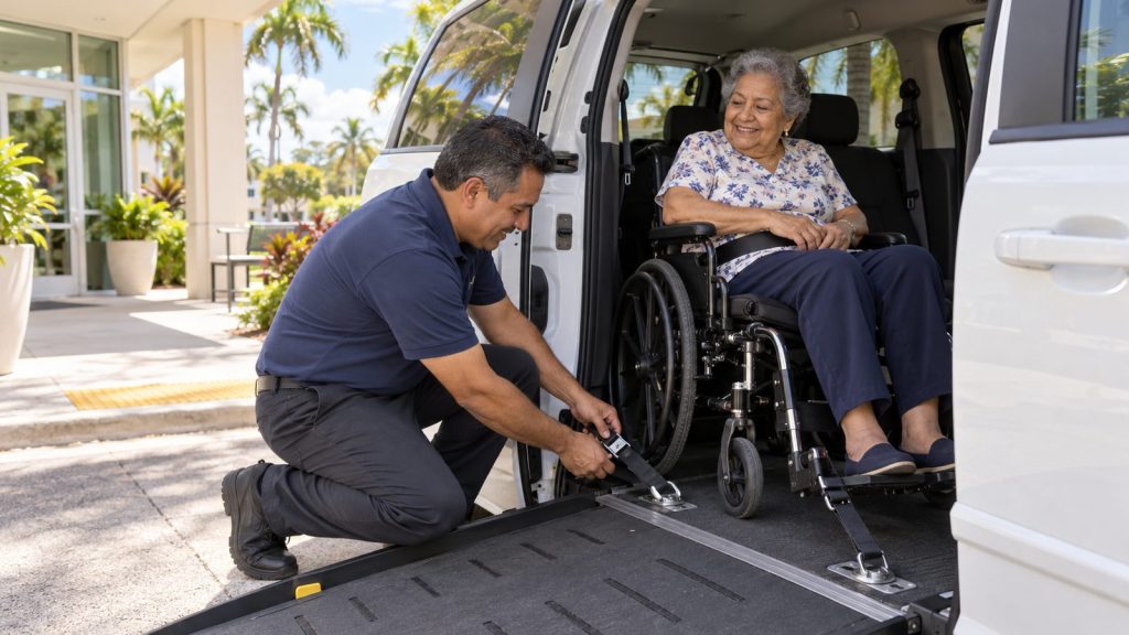 Driver securing a senior Hispanic woman's wheelchair inside an accessible van for a medical ride in West Palm Beach